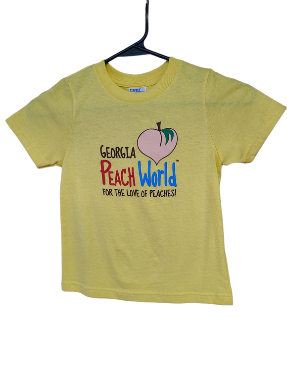 Yellow crew neck toddler sized t-shirt printed with Georgia Peach World branding logo