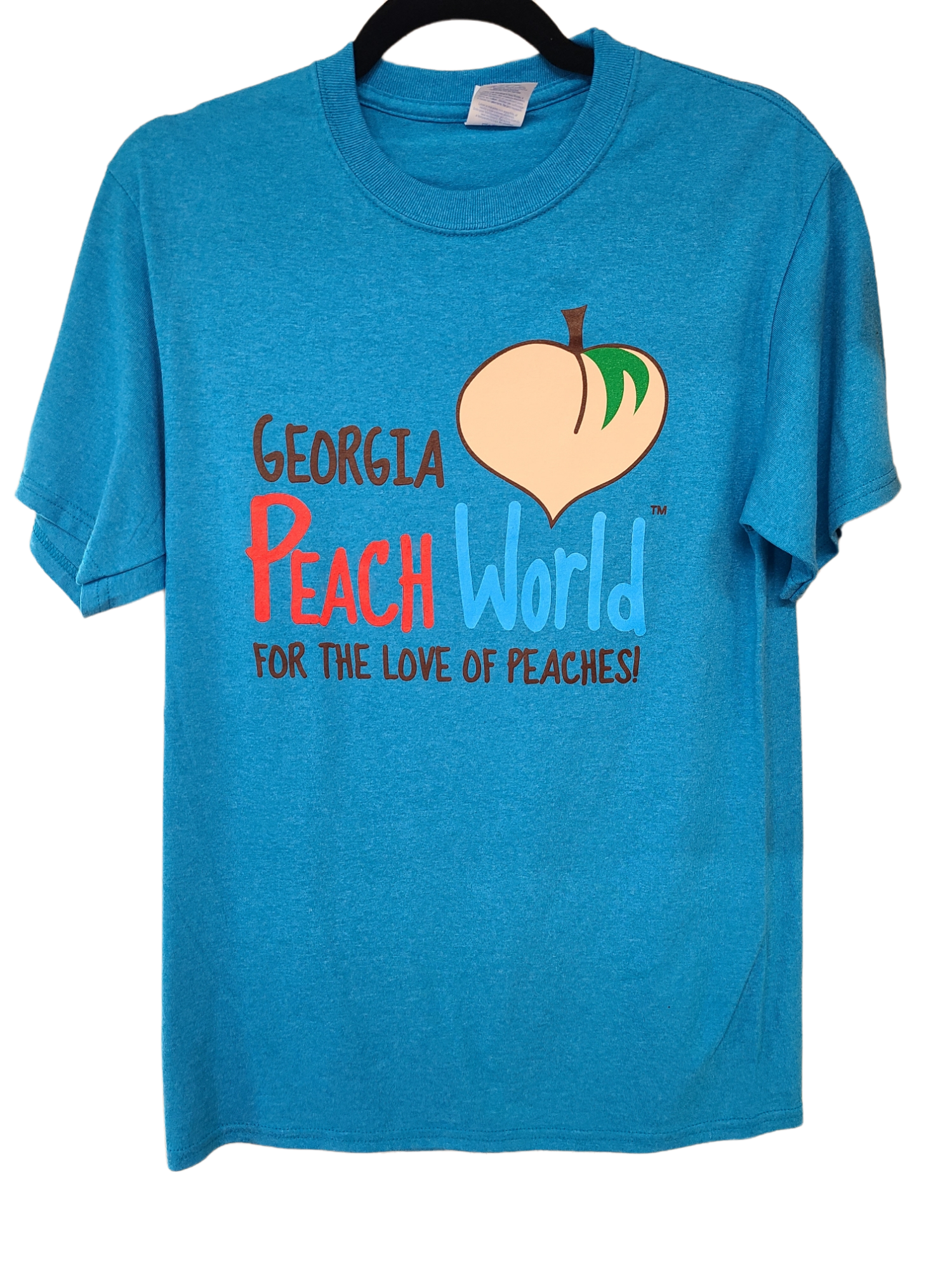 Light Heather Blue crew neck t-shirt with Georgia Peach World Branding logo