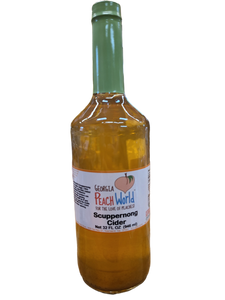 Tall glass quart sized bottle containing scuppernong cider