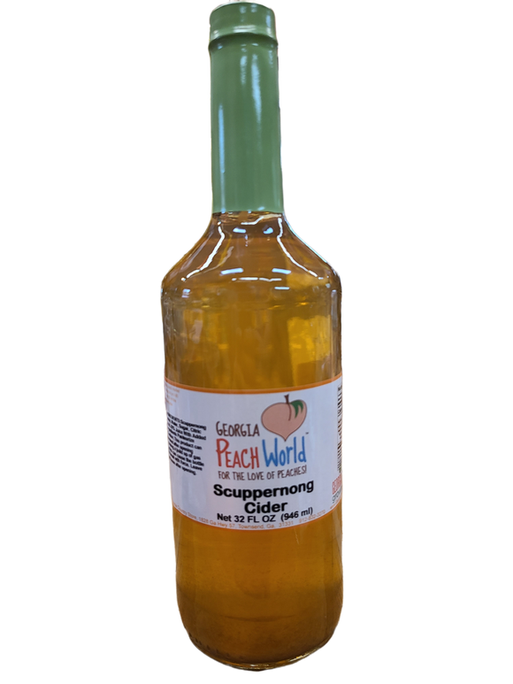 Tall glass quart sized bottle containing scuppernong cider