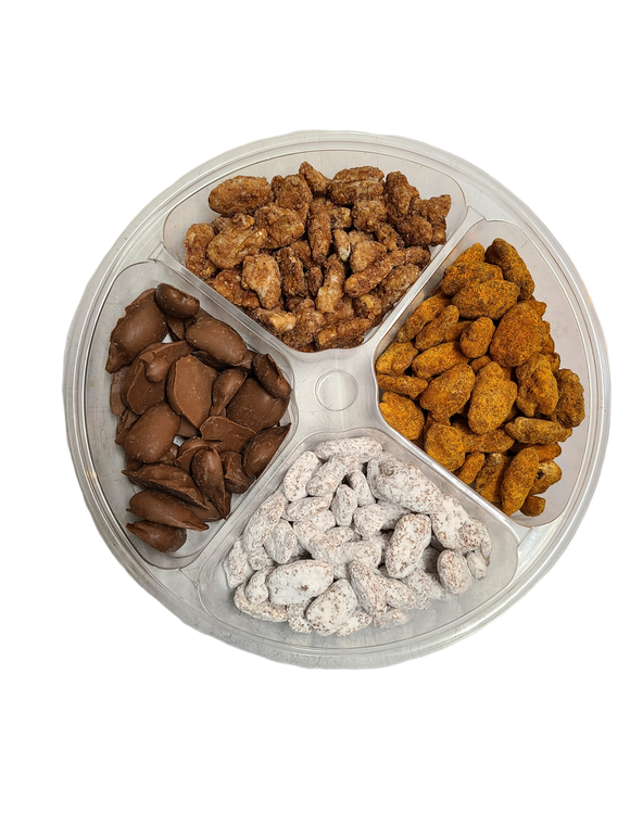 4 cell plastic tray containing various candied pecans