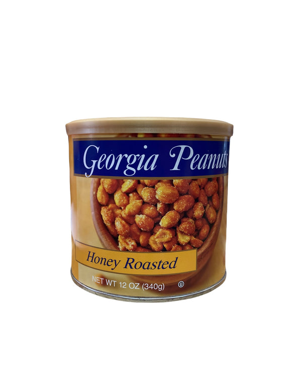 Foil lined cardboard tub with plastic resealable lid containing honey roasted peanuts