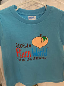Yellow crew neck toddler sized t-shirt printed with Georgia Peach World branding logo